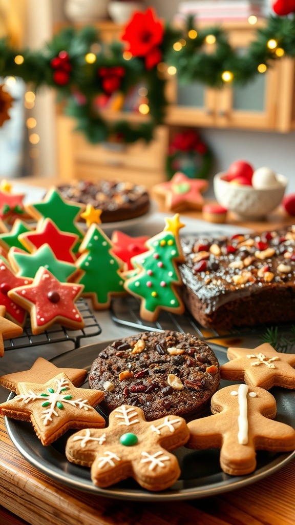 A variety of classic 80s Christmas baked goods including sugar cookies, fruitcake, and gingerbread cookies on a festive table.